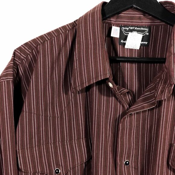 Vintage Western Pearl Snap Shirt Dark Red Black Stripe Flying R USA 18 1/2 37 - Picture 5 of 8